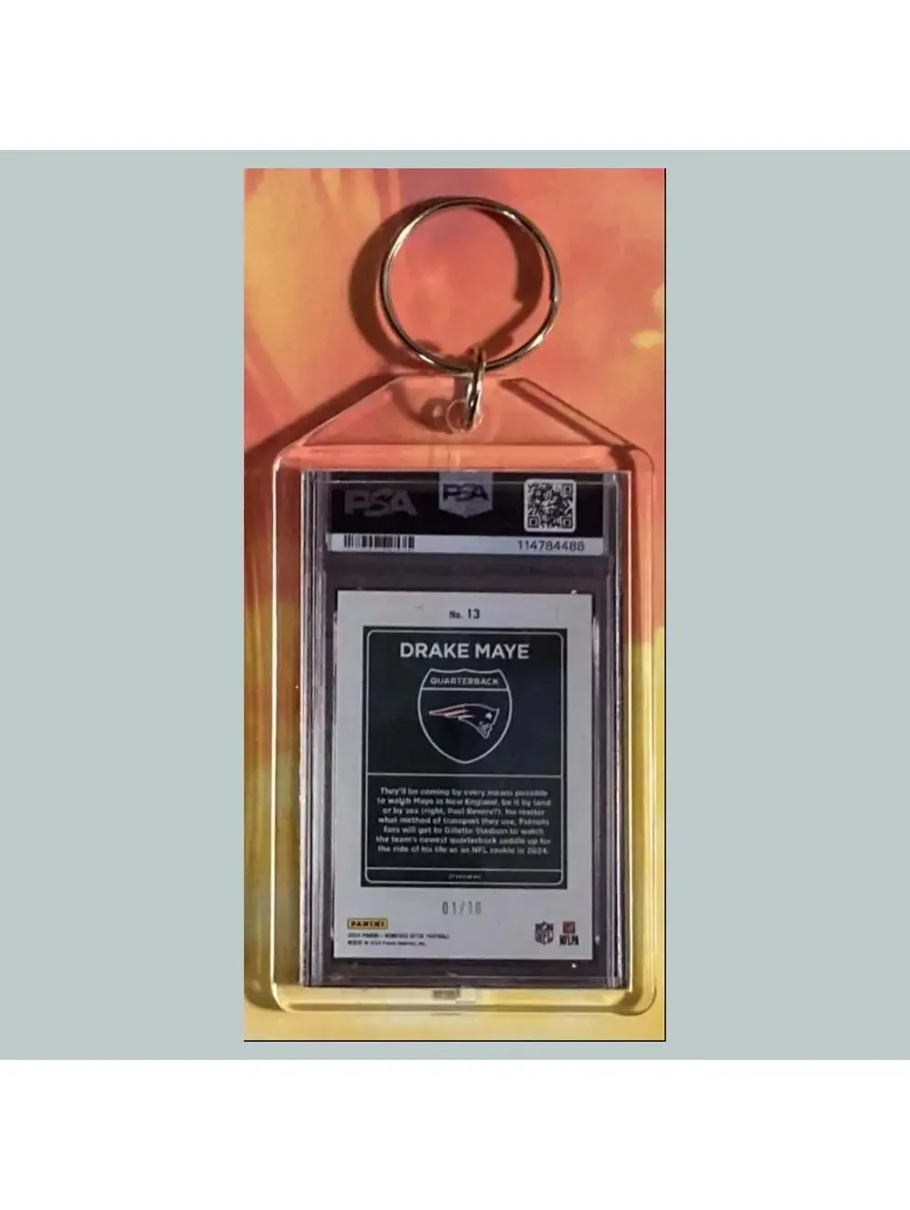 3715 Drake Maye 2024 Donruss Optic Gold Downtown Custom Hand Made Keychain